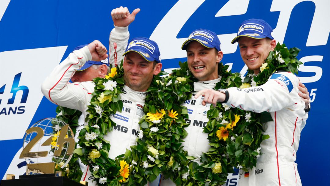 Nick Tandy, Earl Bamber, Nico Hülkenberg, Works driver, (l-r), Le Mans, 2015, Porsche AG